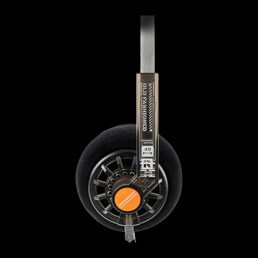 Casque Moondrop Old Fashioned 4.4mm arceau on-ear open-back, oreillette ronde mousse noire, grille métallique, accent orange, arceau métal brossé