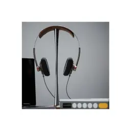 Casque Moondrop Old Fashioned 4.4mm on-ear ouvert, arceau cuir brun, coussinets mousse gris, coques métal, présenté sur support élégant en métal