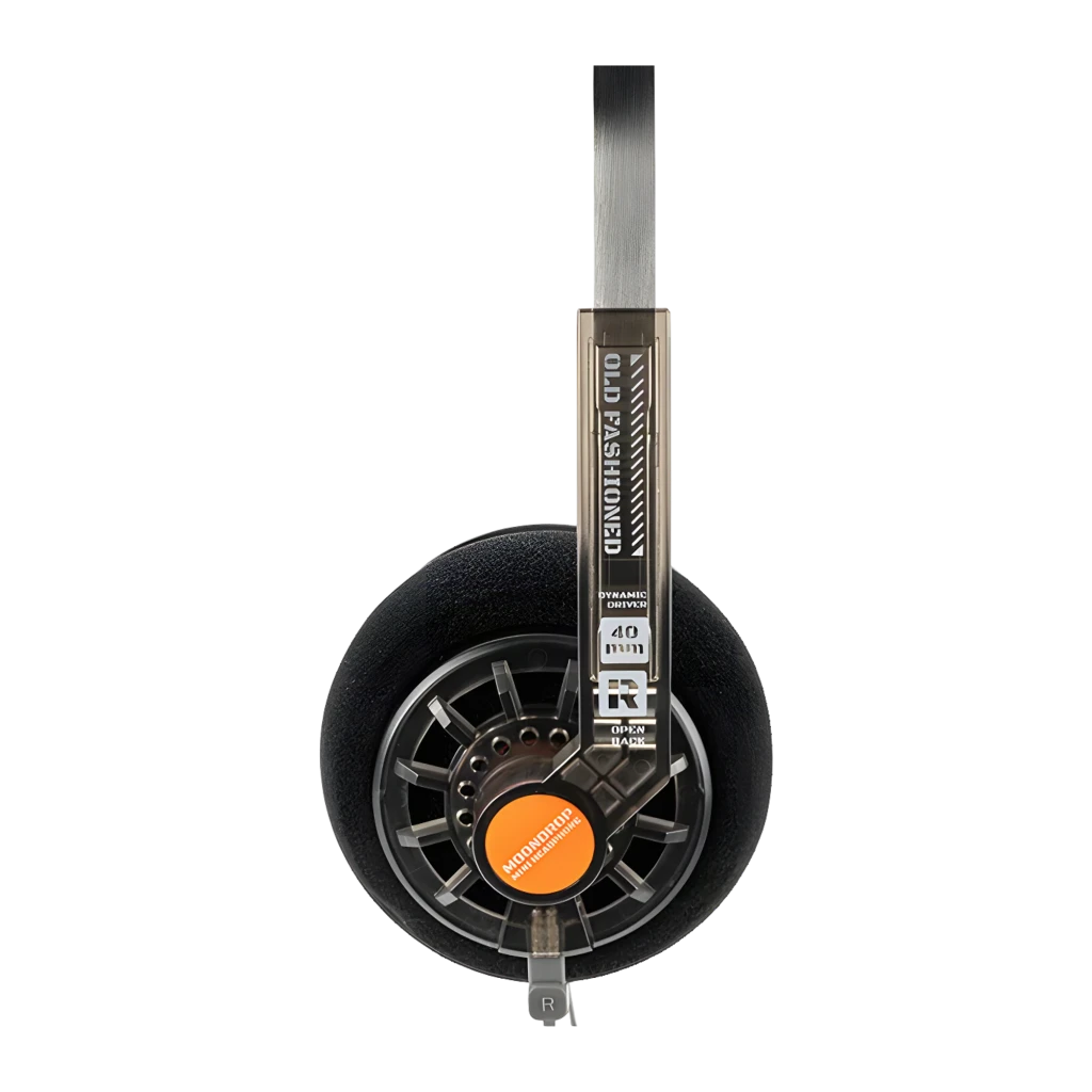 Auriculares Moondrop Old Fashioned Type-C abiertos on-ear con diadema metálica delgada, copas de espuma negras y detalles industriales en gris y naranja - Ítem5