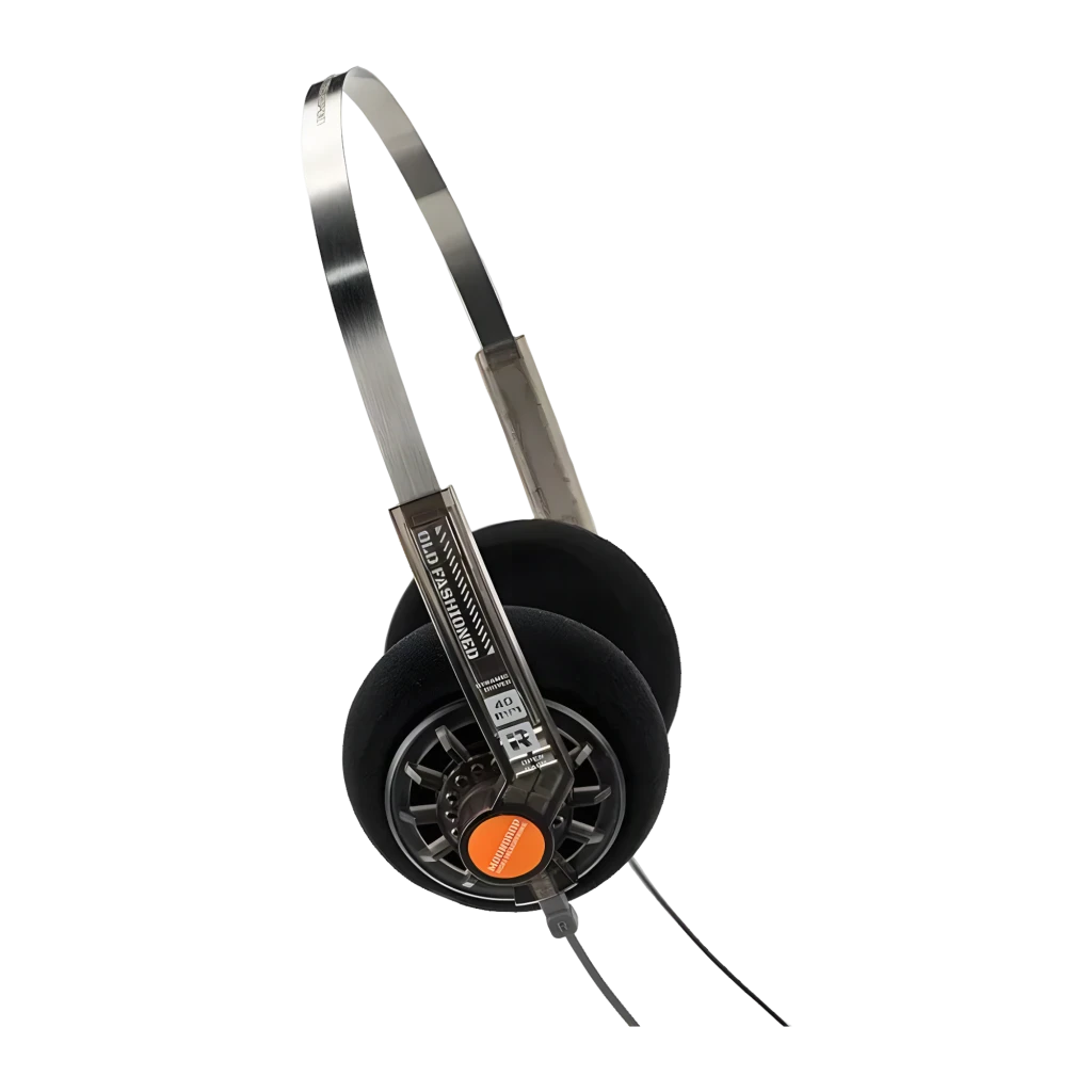 Auriculares Moondrop Old Fashioned Type-C abiertos on-ear con diadema metálica delgada, copas de espuma negras y detalles industriales en gris y naranja - Ítem4