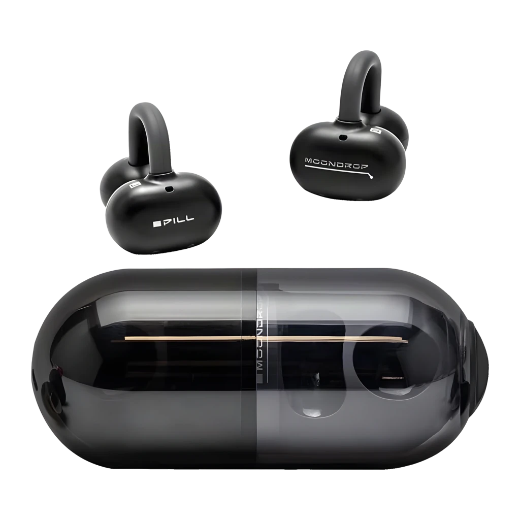 Auriculares Moondrop Pill OWS Preto com design ear-clip aberto, acabamento brilhante e estojo em forma de cápsula translúcida, Bluetooth 6.0