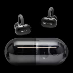 Écouteurs Moondrop Pill OWS noir, design ear‑clip ouvert, boîtier capsule brillant, surface noire mate, logos blancs, courbes compactes et modernes