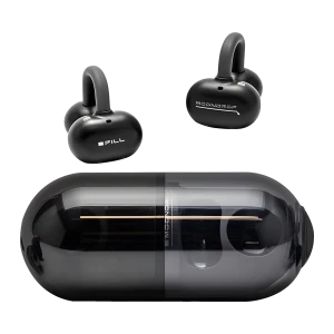 Auriculares Moondrop Pill OWS Negro con gancho de oreja, diseño open-ear, acabado brillante, estuche en forma de cápsula translúcida, Bluetooth 6.0