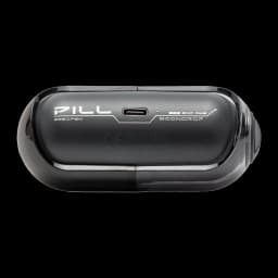 Boîtier noir brillant des Écouteurs Moondrop Pill OWS avec port USB-C centré, logo blanc contrasté et capot transparent fumé aux bords arrondis