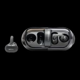 Écouteurs clip oreille noirs avec boîtier transparent brillant, embouts ouverts, design compact et arrondi, logo Moondrop visible, bouton latéral discret
