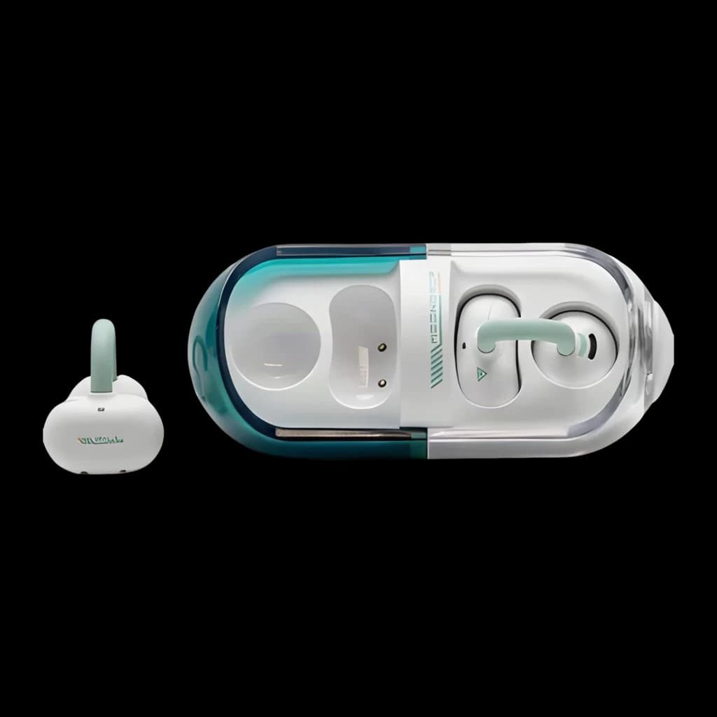 Écouteurs Moondrop Pill OWS Vert: design open-ear à clip, boîtier ovale transparent vert et blanc, deux oreillettes + base de charge assortie