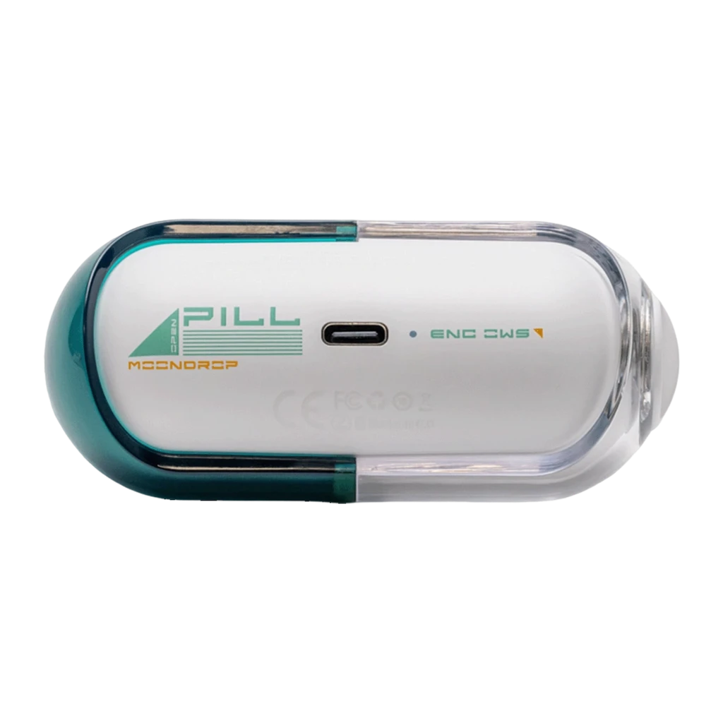 Auriculares Moondrop Pill OWS Verde con clip de oreja, diseño open-ear, estuche transparente ovalado bicolor, ganchos verdes y acabado blanco brillante - Ítem6