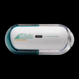 Boîtier vert et blanc des Écouteurs Moondrop Pill OWS Vert, format capsule transparent, port USB‑C central, logos Pill et ENC OWS visibles