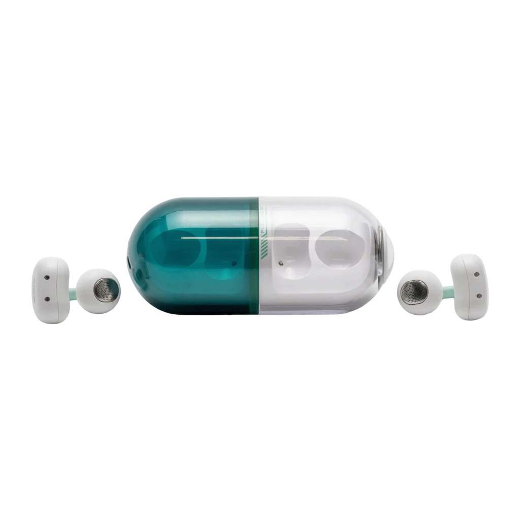 Auriculares Moondrop Pill OWS Verde con clip de oreja, diseño open-ear, estuche transparente ovalado bicolor, ganchos verdes y acabado blanco brillante - Ítem5