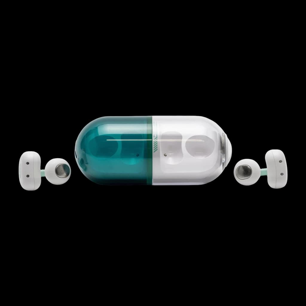 Écouteurs Moondrop Pill OWS Vert avec boîtier en forme de capsule bicolore vert et blanc, oreillettes clip ouvertes compactes et minimalistes