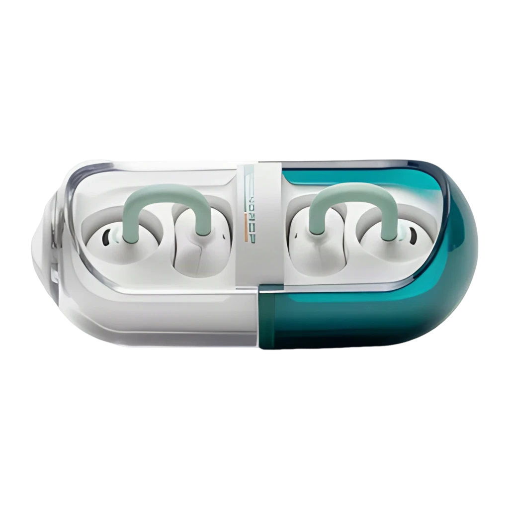 Auriculares Moondrop Pill OWS Verde con clip de oreja, diseño open-ear, estuche transparente ovalado bicolor, ganchos verdes y acabado blanco brillante - Ítem2