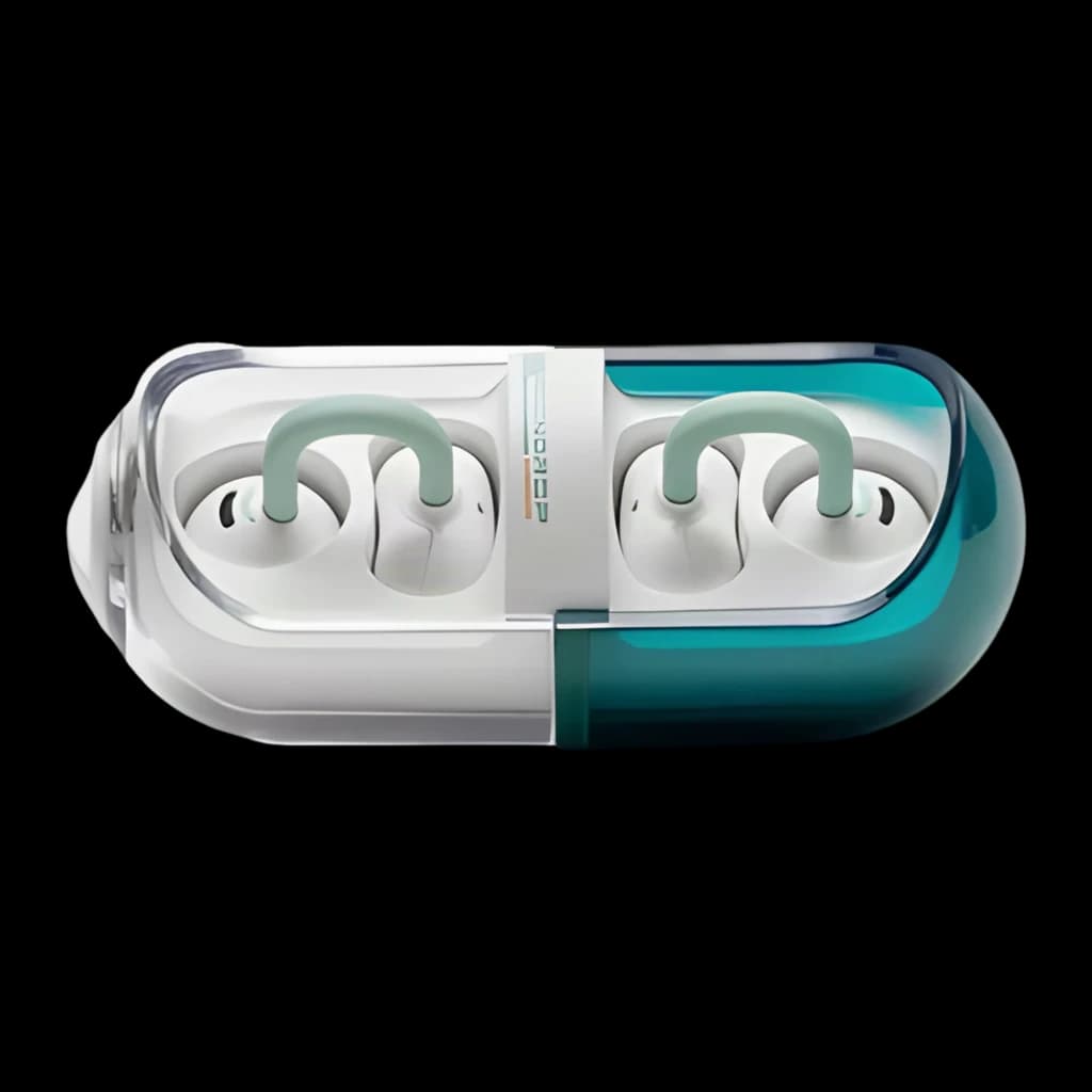 Écouteurs Moondrop Pill OWS Vert, open ear à clips auriculaires, boîtier bicolore translucide blanc et vert, embouts courbés, design compact Bluetooth 6.0