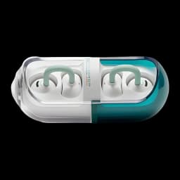 Écouteurs Moondrop Pill OWS Vert, open ear à clips auriculaires, boîtier bicolore translucide blanc et vert, embouts courbés, design compact Bluetooth 6.0