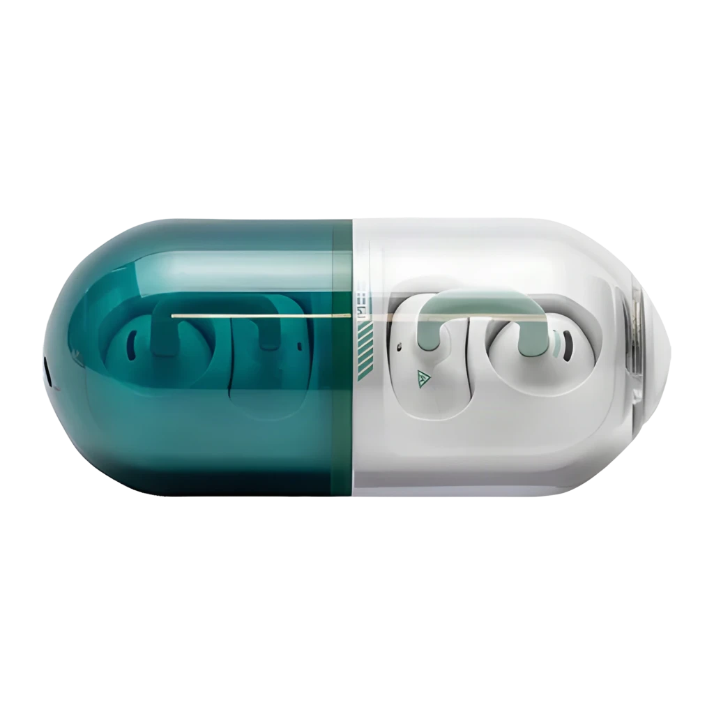 Auriculares Moondrop Pill OWS Verde con clip de oreja, diseño open-ear, estuche transparente ovalado bicolor, ganchos verdes y acabado blanco brillante - Ítem3