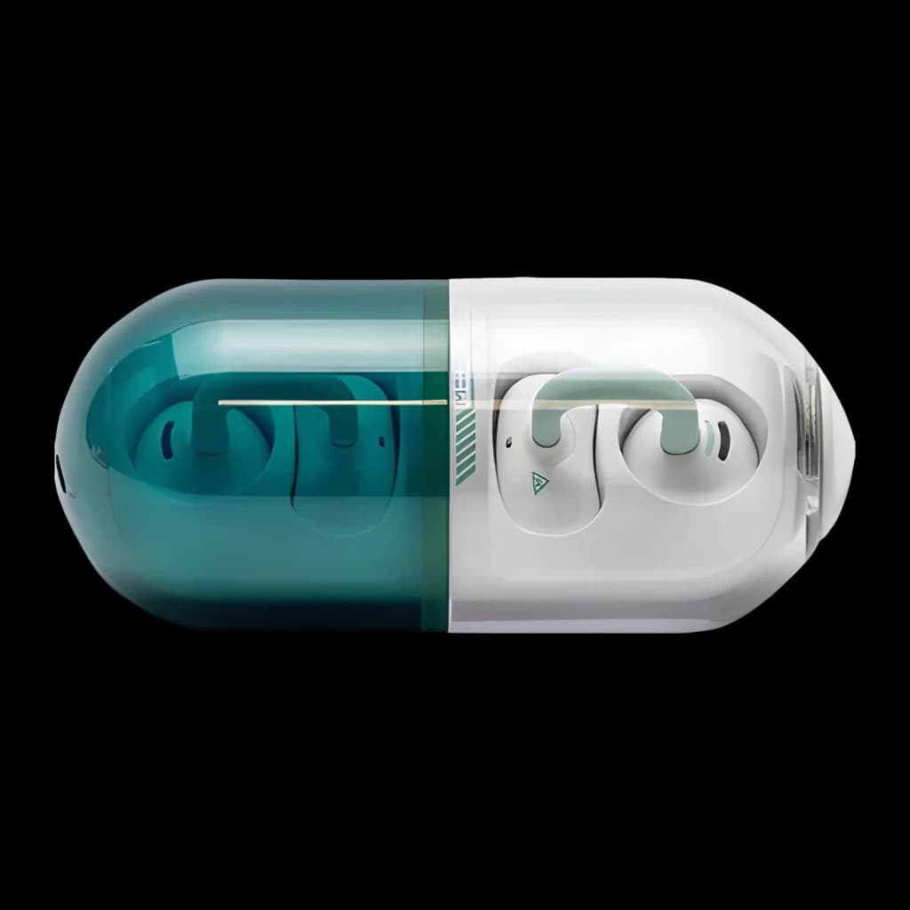 Écouteurs Moondrop Pill OWS Vert avec boîtier en forme de capsule bicolore vert et blanc, design ear clip ouvert, LED discrètes et finition lisse