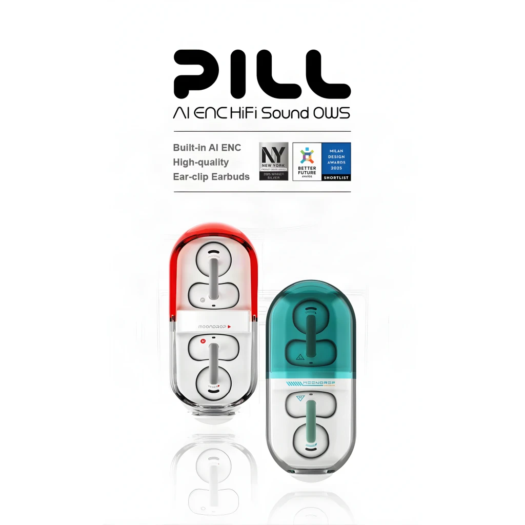 Auriculares Moondrop Pill OWS Verde con clip de oreja, diseño open-ear, estuche transparente ovalado bicolor, ganchos verdes y acabado blanco brillante - Ítem4