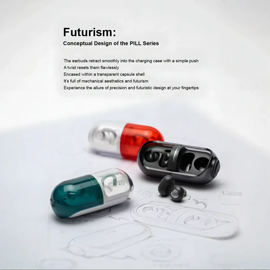 Auriculares Moondrop Pill OWS Verde con clip de oreja, diseño open-ear, estuche transparente ovalado bicolor, ganchos verdes y acabado blanco brillante - Ítem1