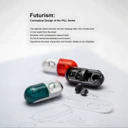 Écouteurs Moondrop Pill OWS Vert: boîtier capsule transparent vert, deux oreillettes à clip, design futuriste compact, indicateurs visibles, finition