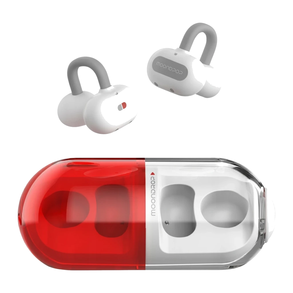 Auriculares Moondrop Pill OWS rojo con clip de oreja, diseño open-ear, estuche cápsula bicolor rojo translúcido y blanco, botones y LED de estado - Ítem6