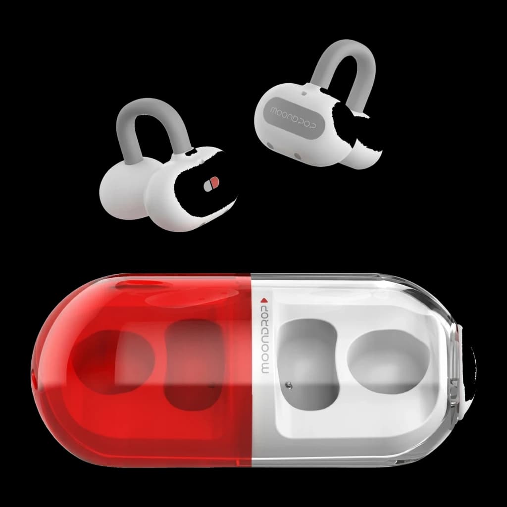 Écouteurs Moondrop Pill OWS Rouge: design clip oreille ouvert, boîtier capsule bicolore rouge et blanc, crochets souples, format compact et léger