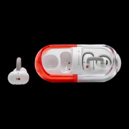 Boîtier capsule bicolore rouge et transparent avec écouteurs clip ouverts gris, design ergonomique, indicateurs LED et emplacement de charge dédié