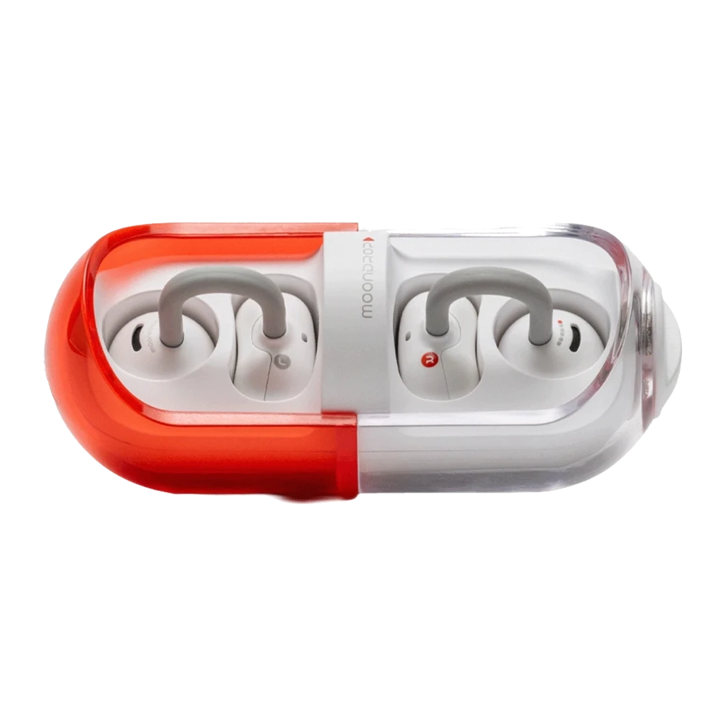 Auriculares Moondrop Pill OWS rojo con clip de oreja, diseño open-ear, estuche cápsula bicolor rojo translúcido y blanco, botones y LED de estado - Ítem9
