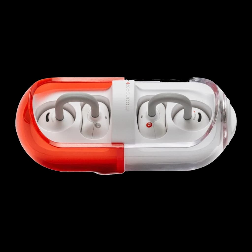 Écouteurs Moondrop Pill OWS Rouge avec crochets d’oreille gris, boîtier capsule bicolore rouge et transparent, design open-ear compact et élégant