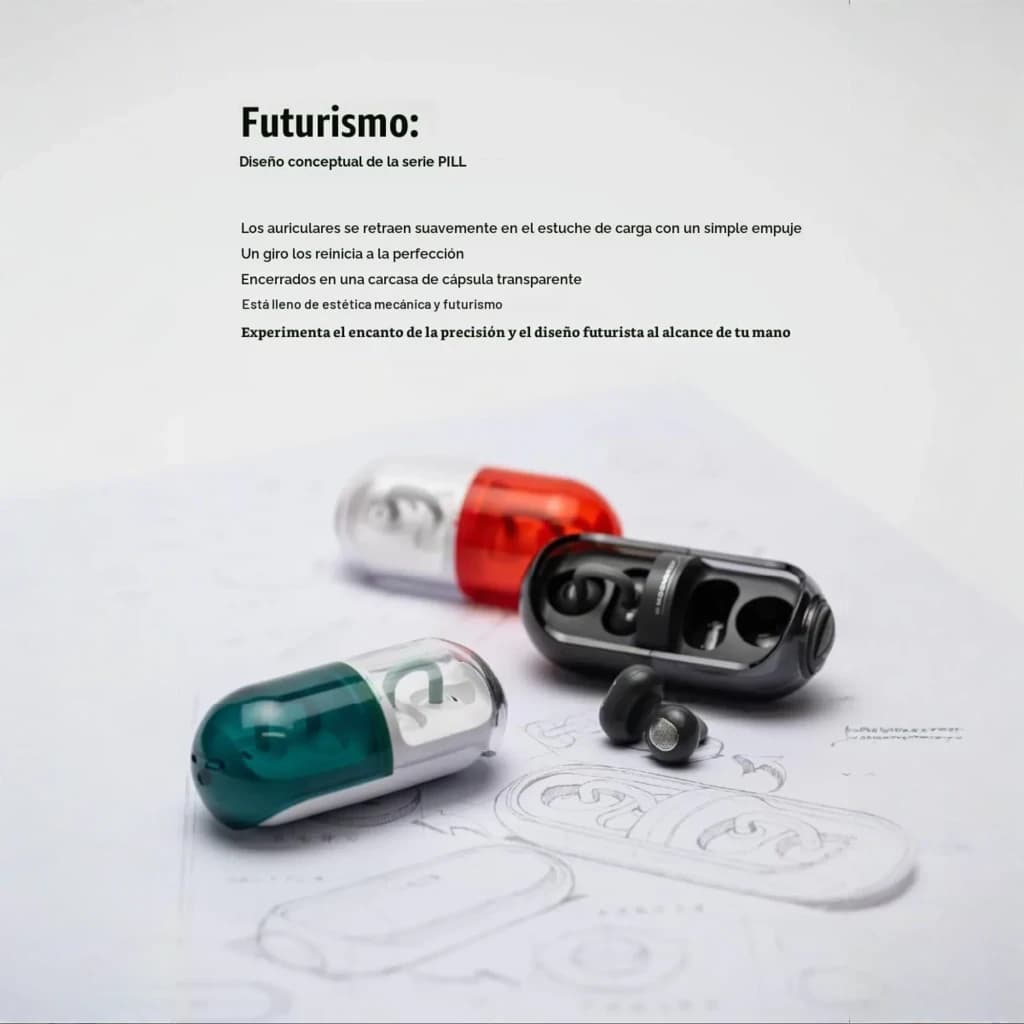 Écouteurs Moondrop Pill OWS Rouge avec boîtier capsule transparent rouge, design futuriste, oreillettes clip ouvertes, détails mécaniques visibles