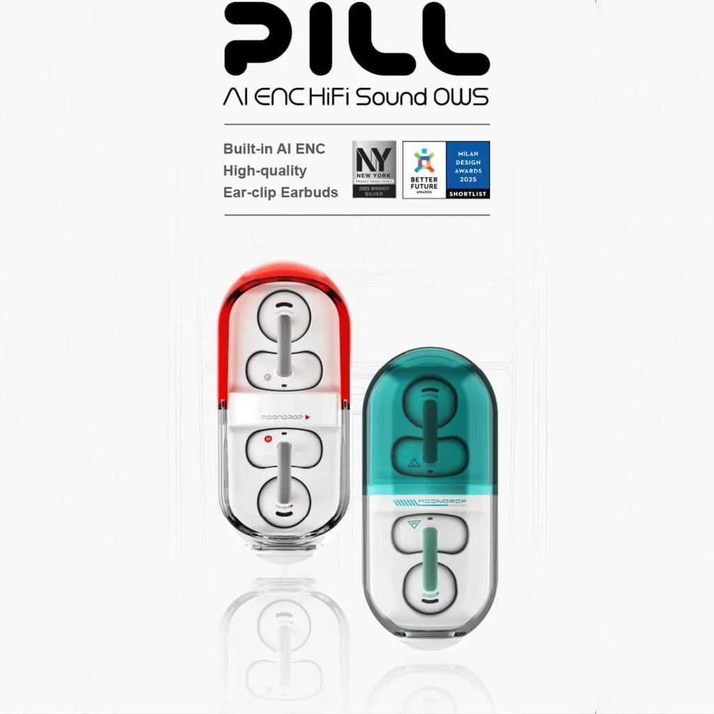 Auriculares Moondrop Pill OWS rojo con clip de oreja, diseño open-ear, estuche cápsula bicolor rojo translúcido y blanco, botones y LED de estado - Ítem1