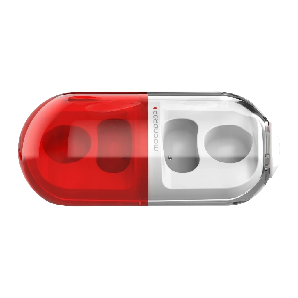 Auriculares Moondrop Pill OWS rojo con clip de oreja, diseño open-ear, estuche cápsula bicolor rojo translúcido y blanco, botones y LED de estado - Ítem8