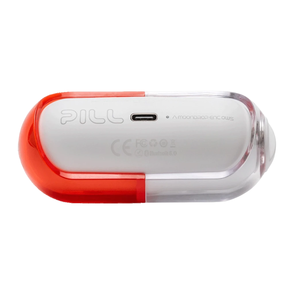 Auriculares Moondrop Pill OWS rojo con clip de oreja, diseño open-ear, estuche cápsula bicolor rojo translúcido y blanco, botones y LED de estado - Ítem7