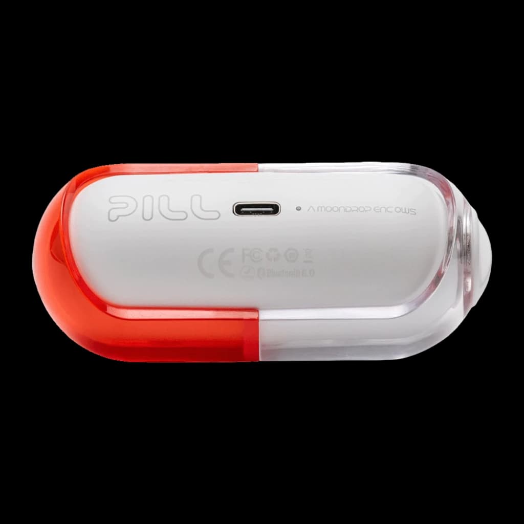 Boîtier compact bicolore rouge et transparent pour Écouteurs Moondrop Pill OWS, forme capsule lisse, port USB-C central et marquages gravés visibles