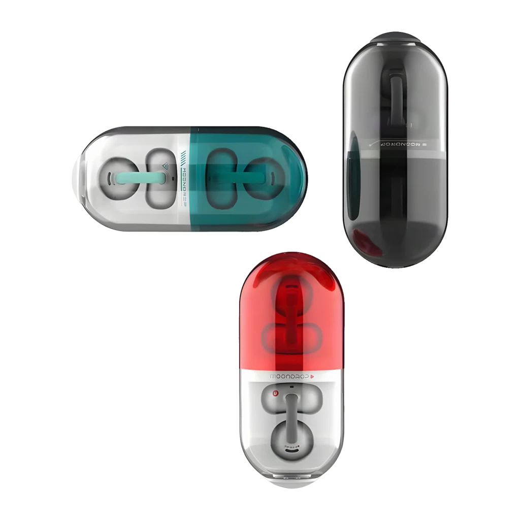 Auriculares Moondrop Pill OWS rojo con clip de oreja, diseño open-ear, estuche cápsula bicolor rojo translúcido y blanco, botones y LED de estado - Ítem5