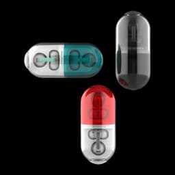 Boîtier capsule compact aux coques transparentes rouge, gris et turquoise, affichant les écouteurs Écouteurs Moondrop Pill OWS Rouge Ear-clip Open-Ear