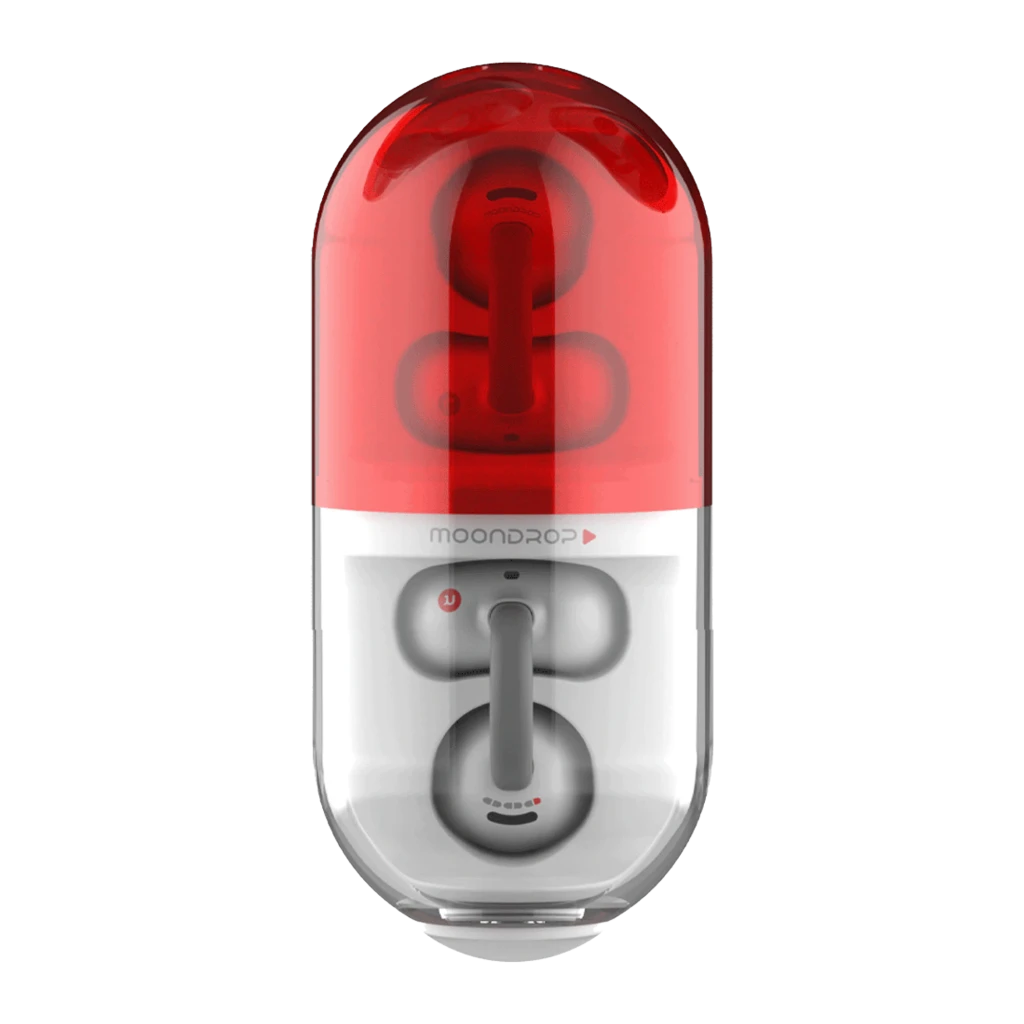 Auriculares Moondrop Pill OWS rojo con clip de oreja, diseño open-ear, estuche cápsula bicolor rojo translúcido y blanco, botones y LED de estado - Ítem10