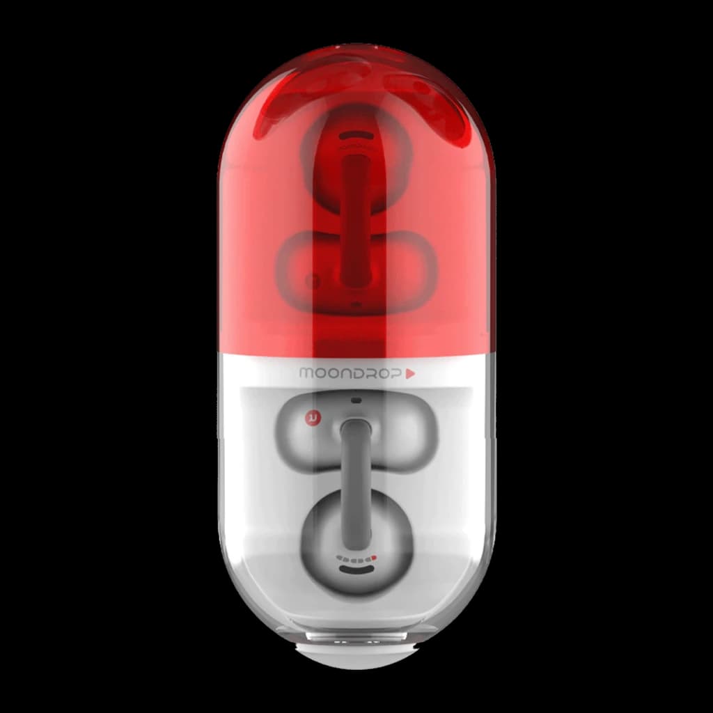 Boîtier des Écouteurs Moondrop Pill OWS Rouge en capsule bicolore rouge et blanc avec couvercle translucide, voyants LED et logement magnétique compact
