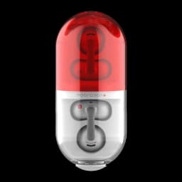 Boîtier des Écouteurs Moondrop Pill OWS Rouge en capsule bicolore rouge et blanc avec couvercle translucide, voyants LED et logement magnétique compact