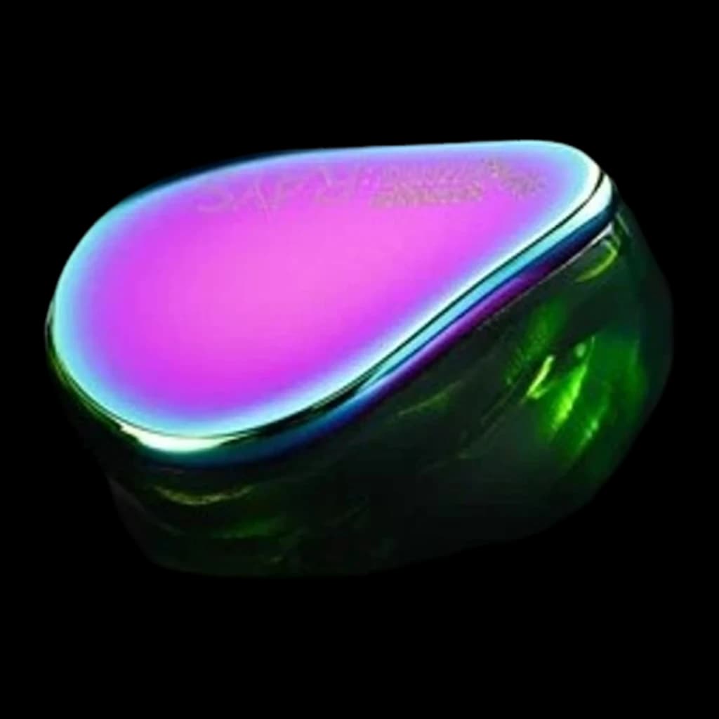 Estuche brillante iridiscente con forma orgánica, tapa púrpura degradada y base verde translúcida, compatible con Auriculares Moondrop Rays Gaming In-Ear