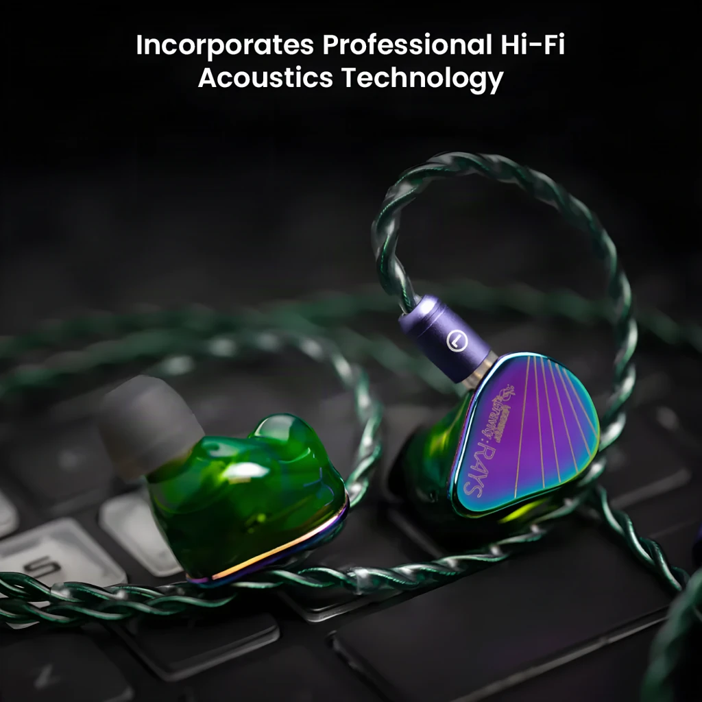Auriculares Moondrop Rays Gaming IEM con carcasa metálica iridiscente, cable trenzado verde, micrófono en línea y conector USB-C; almohadillas de silicona - Ítem3