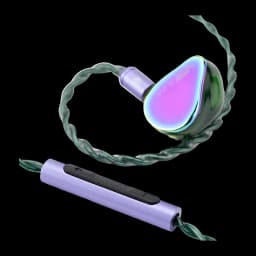 Auriculares Moondrop Rays Gaming In-Ear Monitor con carcasa iridiscente, cable trenzado verde y control en línea violeta con botones de volumen