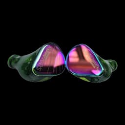 Auriculares Moondrop Rays Gaming In-Ear Monitor con carcasa verde y paneles iridiscentes púrpura, diseño ergonómico brillante y boquillas cortas para ajuste