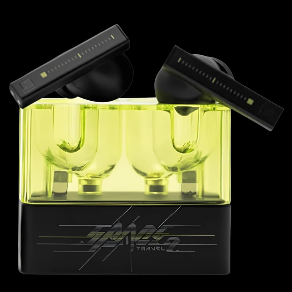 Écouteurs Moondrop Space Travel 2 noirs TWS avec boîtier transparent vert néon, tiges rectangulaires noires, design compact et moderne, réduction de bruit