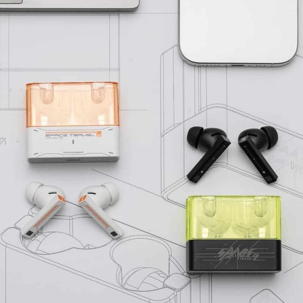 Moondrop Space Travel 2 Noir TWS ANC Bluetooth 6.0 24h Écouteurs sans fil avec boîtier translucide noir, design intra-auriculaire à tiges noires élégantes