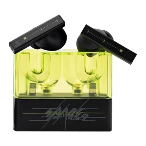Auriculares Moondrop Space Travel 2 Negro TWS con estuche translúcido verde, diseño rectangular futurista, cancelación de ruido y puntas in ear negras