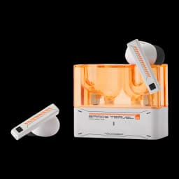 Boîtier translucide orange et blanc futuriste, écouteurs TWS intra-auriculaires compacts, accents graphiques orange, embouts ronds, design épuré et moderne
