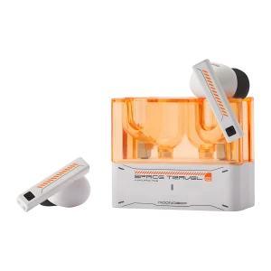 Boîtier translucide orange et blanc futuriste, écouteurs TWS intra-auriculaires compacts, accents graphiques orange, embouts ronds, design épuré et moderne
