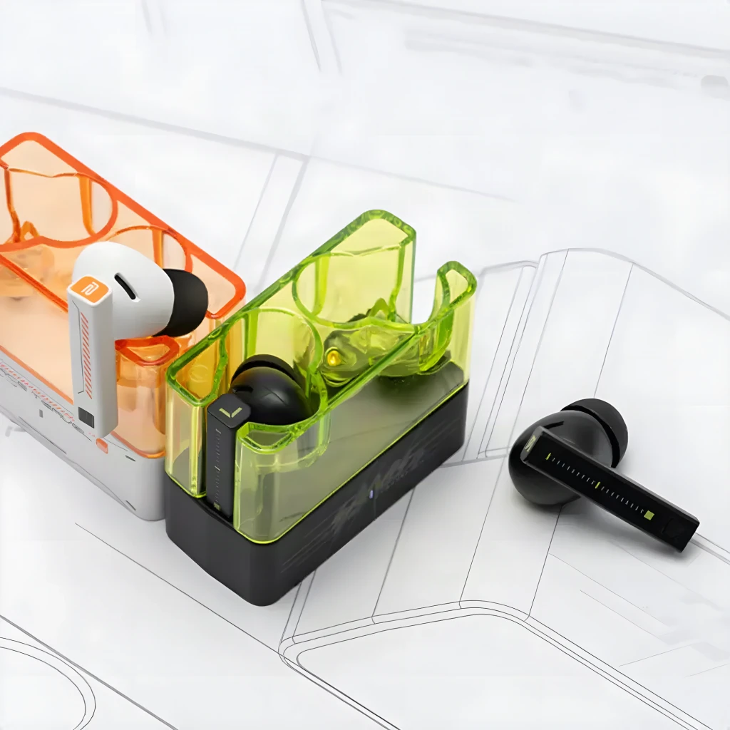 Boîtier translucide orange et blanc futuriste, écouteurs TWS intra-auriculaires compacts, accents graphiques orange, embouts ronds, design épuré et moderne - Ítem3