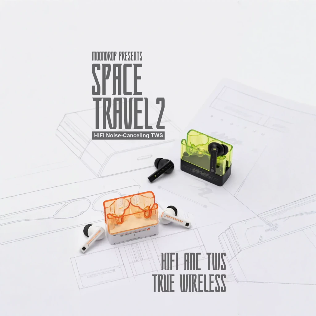 Boîtier translucide orange et blanc futuriste, écouteurs TWS intra-auriculaires compacts, accents graphiques orange, embouts ronds, design épuré et moderne - Ítem4
