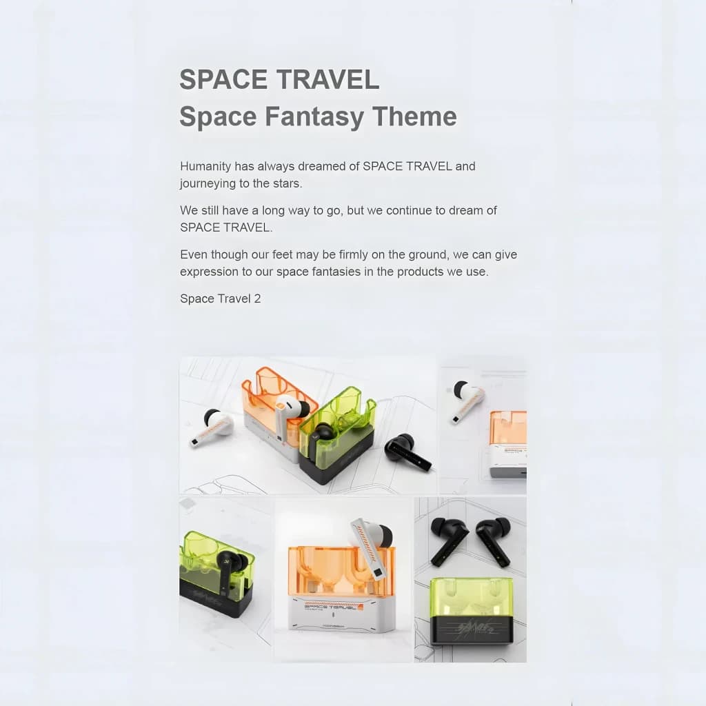 Écouteurs Moondrop Space Travel 2 Blanc TWS intra auriculaires avec boîtier transparent orange et vert, design futuriste, embouts silicone, réduction de