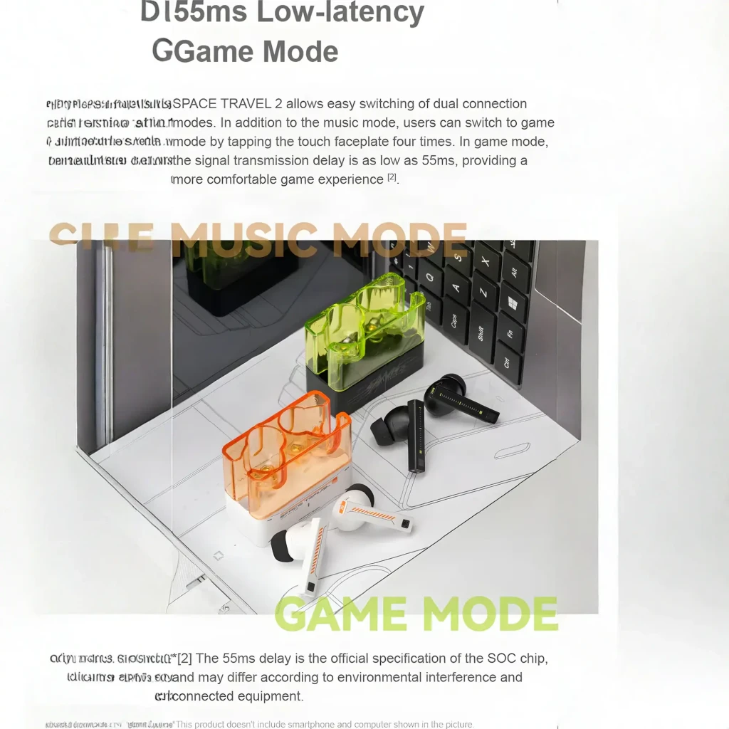 Boîtier translucide orange et blanc futuriste, écouteurs TWS intra-auriculaires compacts, accents graphiques orange, embouts ronds, design épuré et moderne - Ítem6